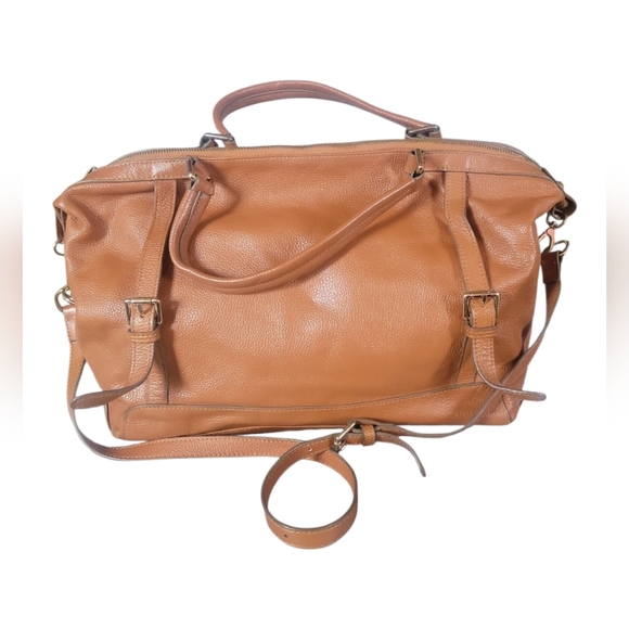 Ora Delphine Adele Brown/Tan Leather Double Handle Satchel - Picture 12 of 15